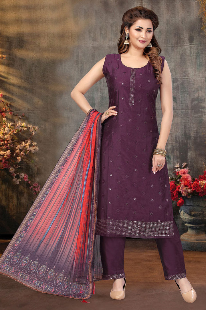 Incredible Art Silk Fabric Festival Wear Wine Color Salwar Suit With Embroidered Work