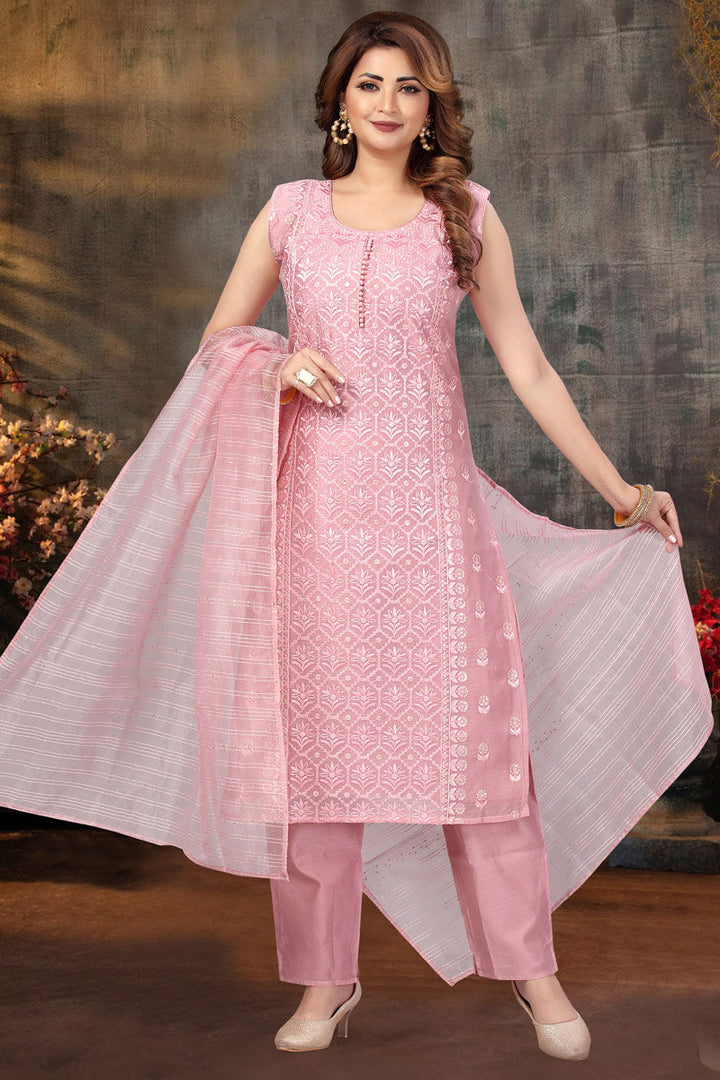 Aristocratic Festival Wear Pink Color Art Silk Fabric Embroidered Work Salwar Suit