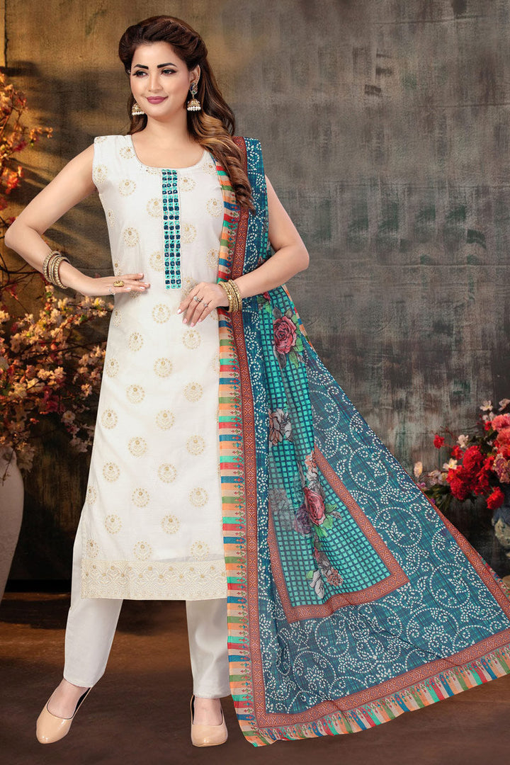 Elegant White Color Art Silk Fabric Festival Wear Salwar Suit With Embroidered Work