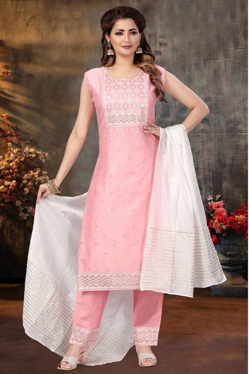 Pink Color Festival Wear Fantastic Salwar Suit With Embroidered Work In Art Silk Fabric