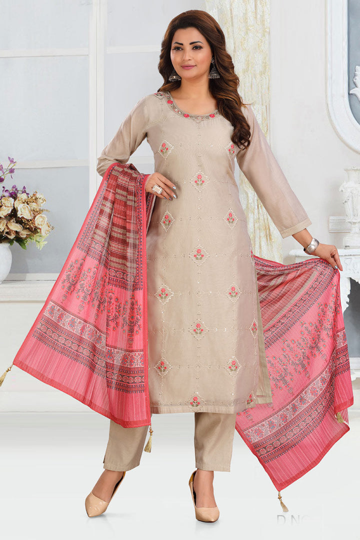 Chikoo Color On Art Silk Fabric Party Wear Trendy Textured Embroidered Work Salwar Suit