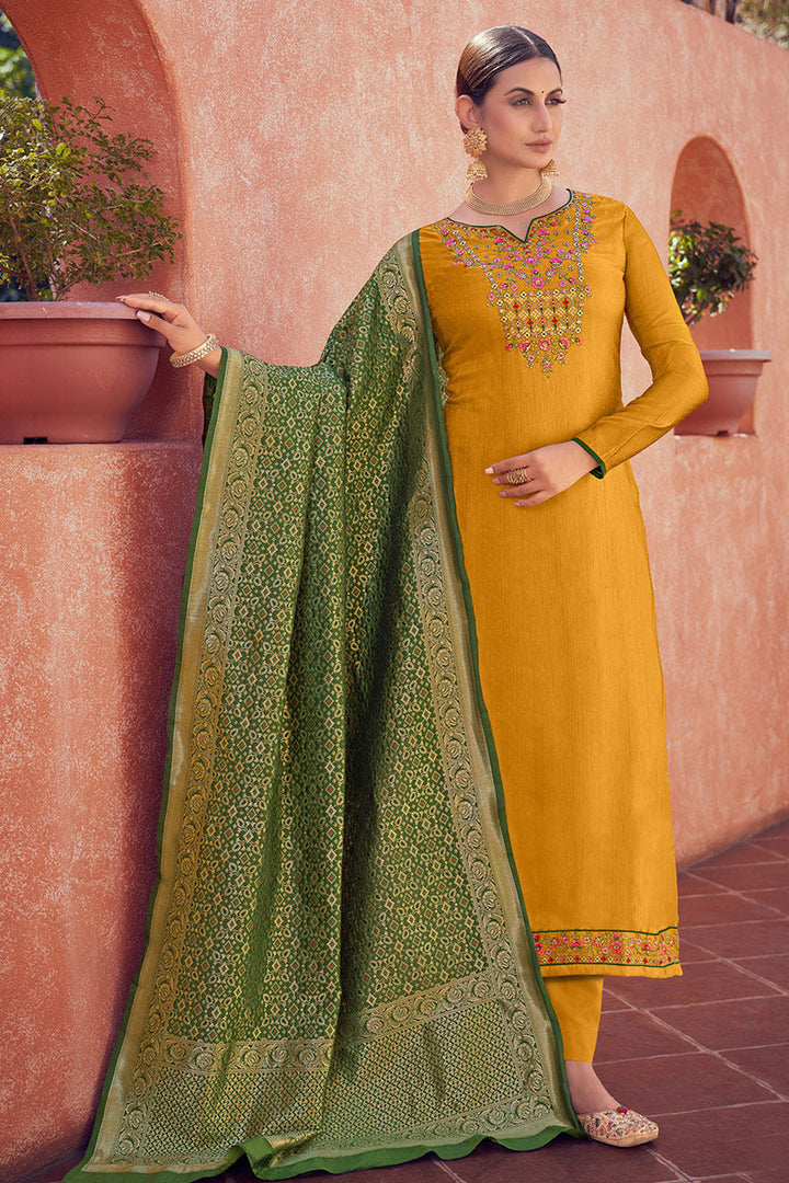 Mustard Color Fancy Fabric Beautiful Festival Wear Salwar Suit With Embroidered Work