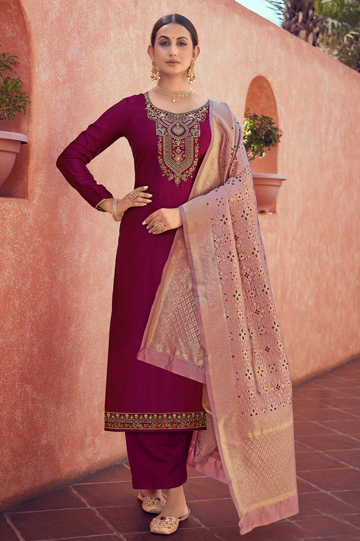 Wine Color Fancy Fabric Charming Festival Wear Salwar Suit With Embroidered Work