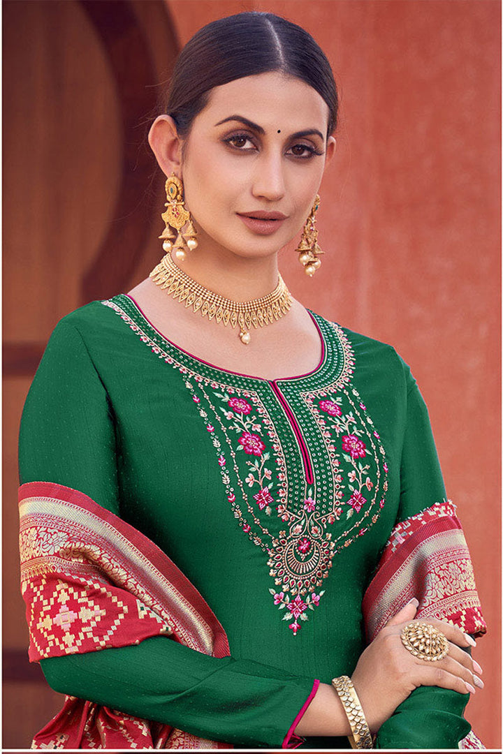 Green Color Fancy Fabric Elegant Festival Wear Salwar Suit With Embroidered Work