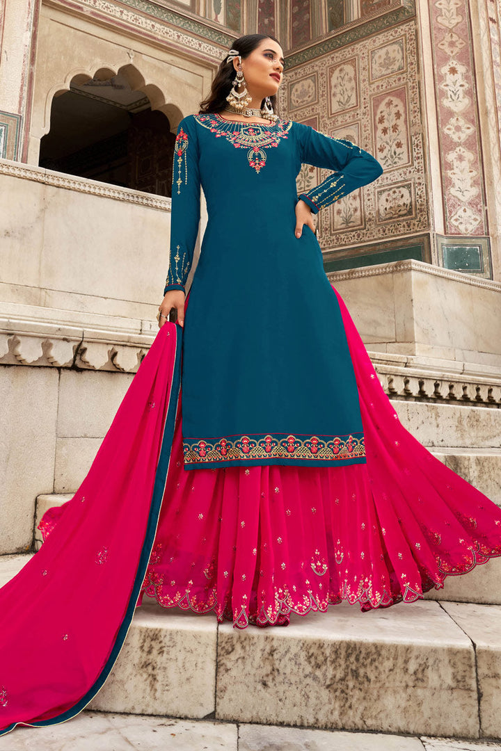 Crepe Fabric Function Wear Embroidered Work Splendid Sharara Top Lehenga In Rani Color
