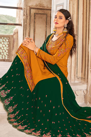 Green Color Function Wear Embroidered Work Inventive Sharara Top Lehenga In Crepe Fabric