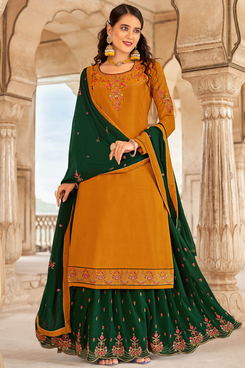 Green Color Function Wear Embroidered Work Inventive Sharara Top Lehenga In Crepe Fabric