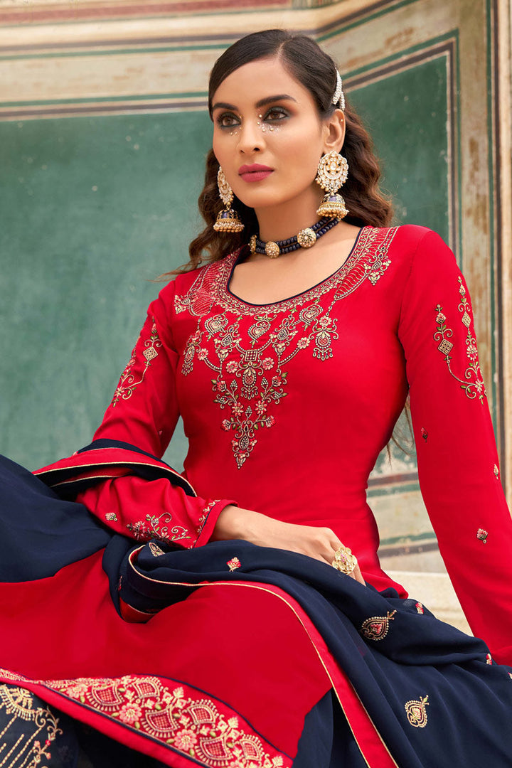 Function Wear Crepe Fabric Navy Blue Color Embroidered Work Mesmerizing Sharara Top Lehenga