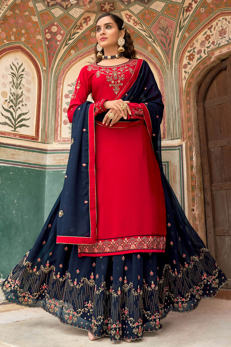 Function Wear Crepe Fabric Navy Blue Color Embroidered Work Mesmerizing Sharara Top Lehenga