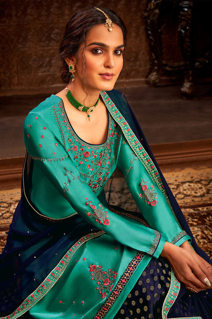 Jacquard Fabric Function Wear Embroidered Work Vintage Sharara Top Lehenga In Navy Blue Color