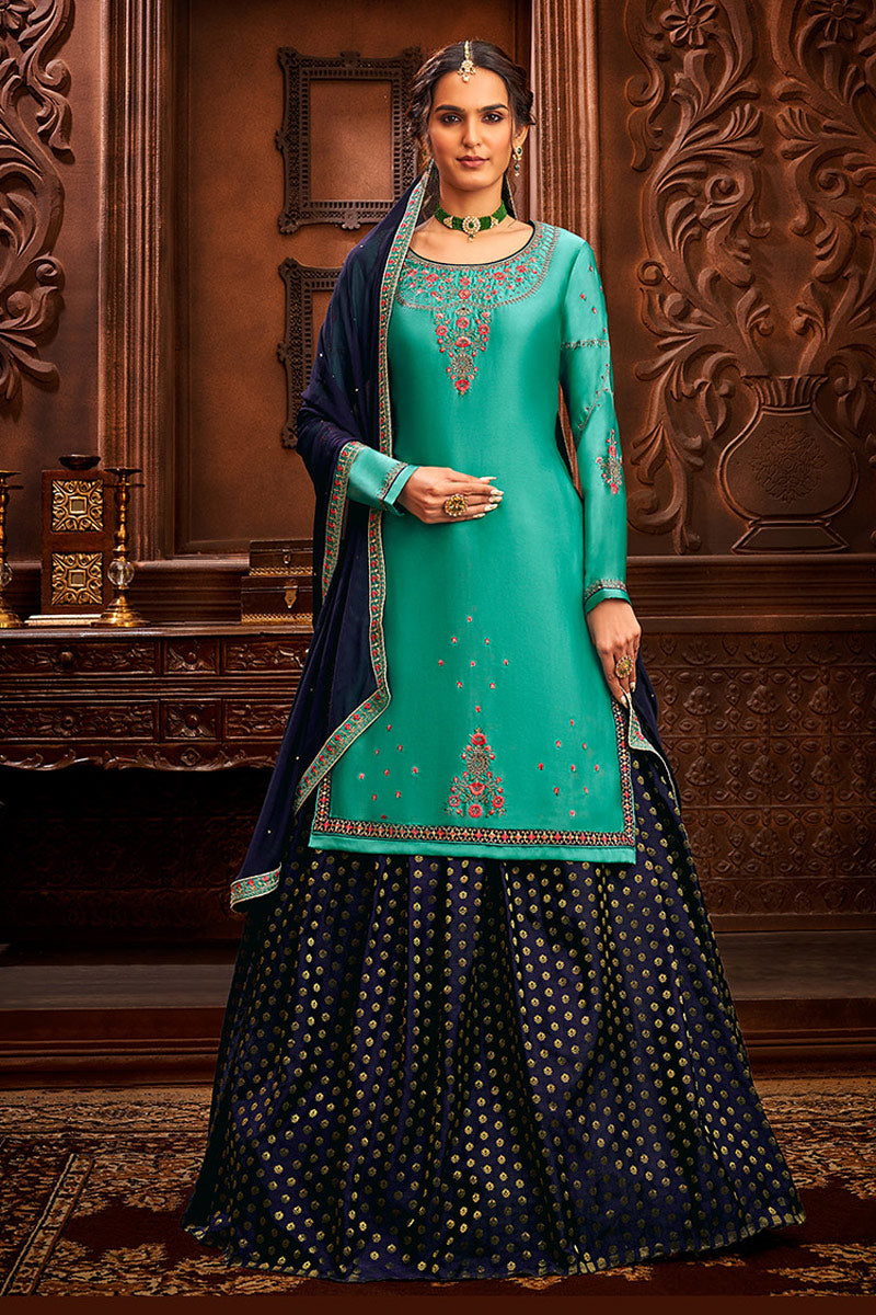 Jacquard Fabric Function Wear Embroidered Work Vintage Sharara Top Lehenga In Navy Blue Color