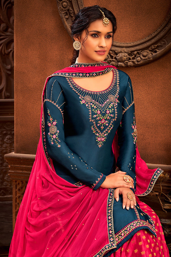 Rani Color Function Wear Embroidered Work Aristocratic Sharara Top Lehenga In Jacquard Fabric