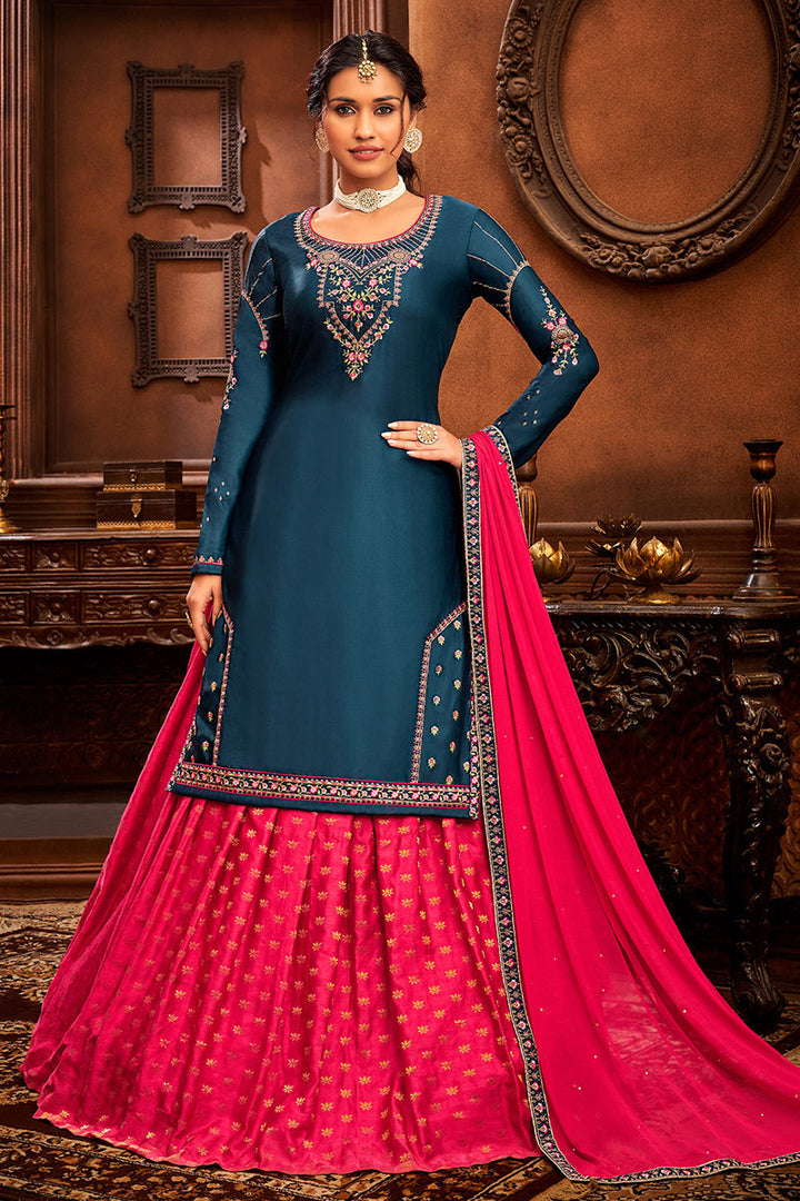 Rani Color Function Wear Embroidered Work Aristocratic Sharara Top Lehenga In Jacquard Fabric