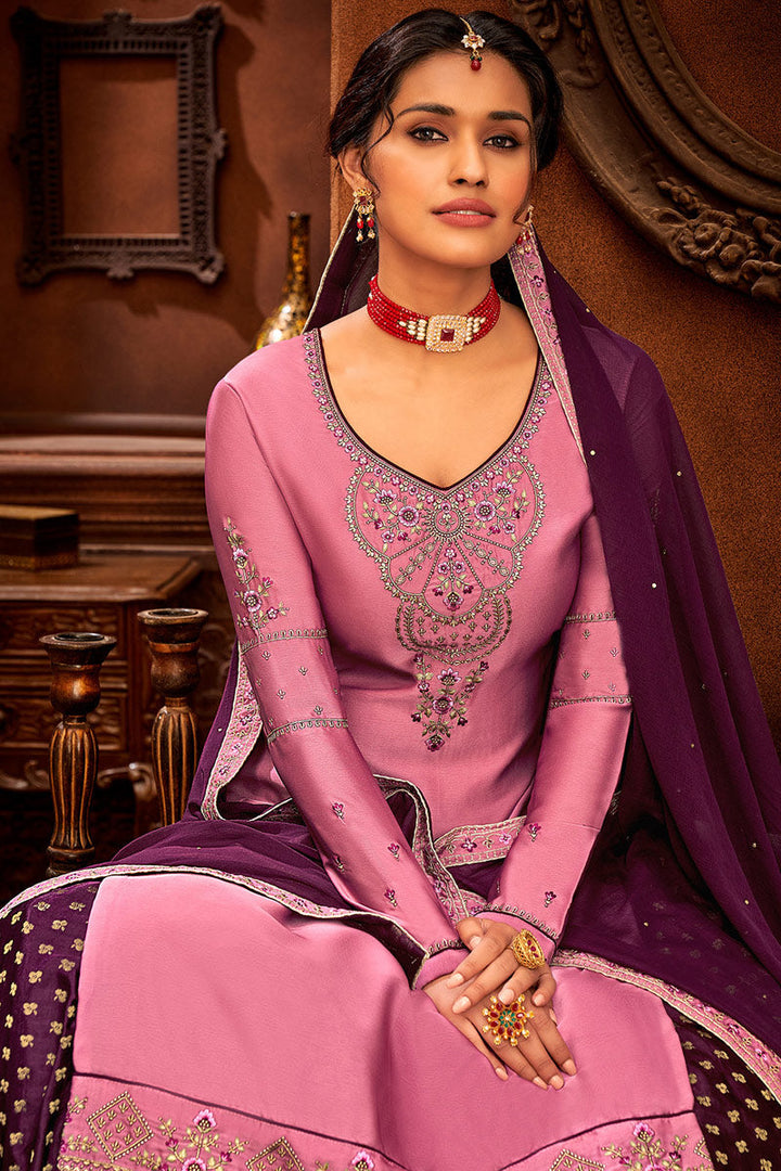 Function Wear Jacquard Fabric Wine Color Embroidered Work Sensational Sharara Top Lehenga