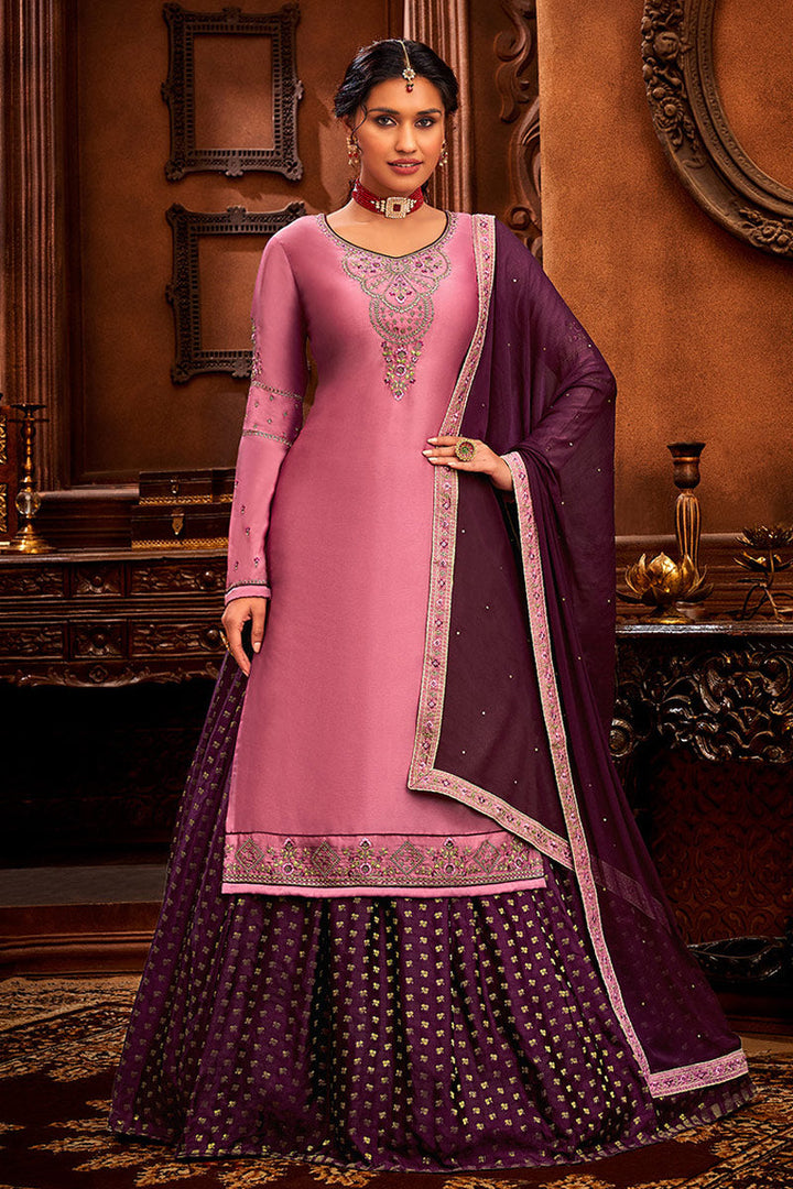 Function Wear Jacquard Fabric Wine Color Embroidered Work Sensational Sharara Top Lehenga
