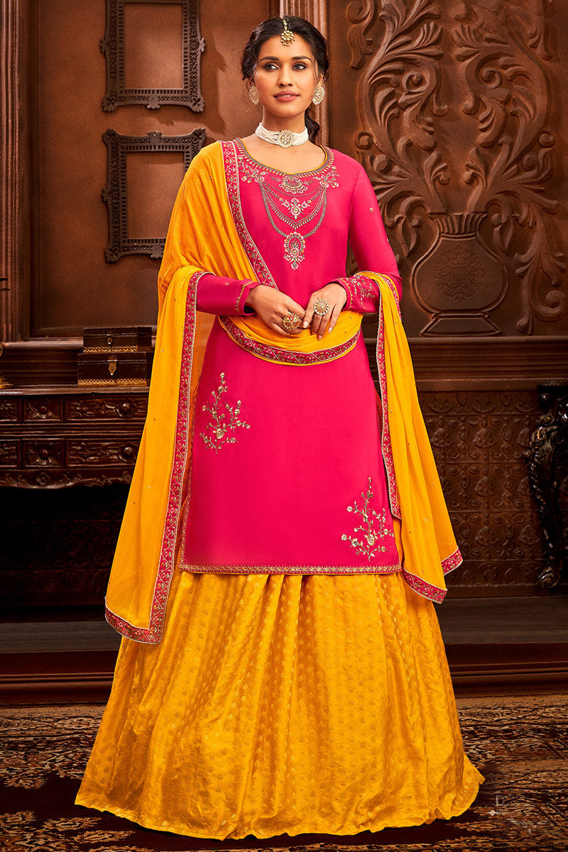 Function Wear Jacquard Fabric Mustard Color Embroidered Work Luxurious Sharara Top Lehenga