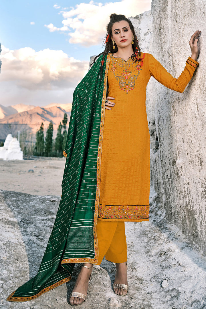 Festival Wear Imposing Embroidered Work Chinon Fabric Salwar Suit In Yellow Color