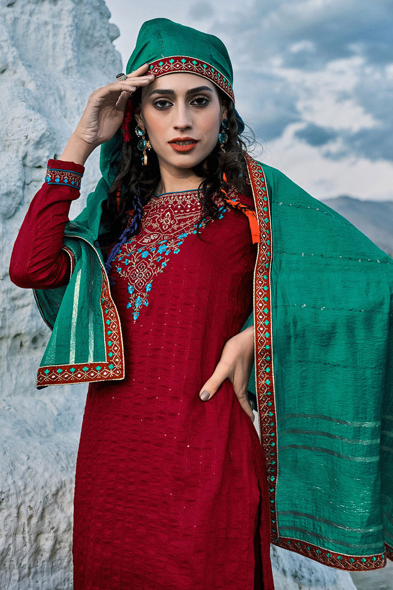 Festival Wear Pleasant Chinon Fabric Embroidered Salwar Suit In Maroon Color