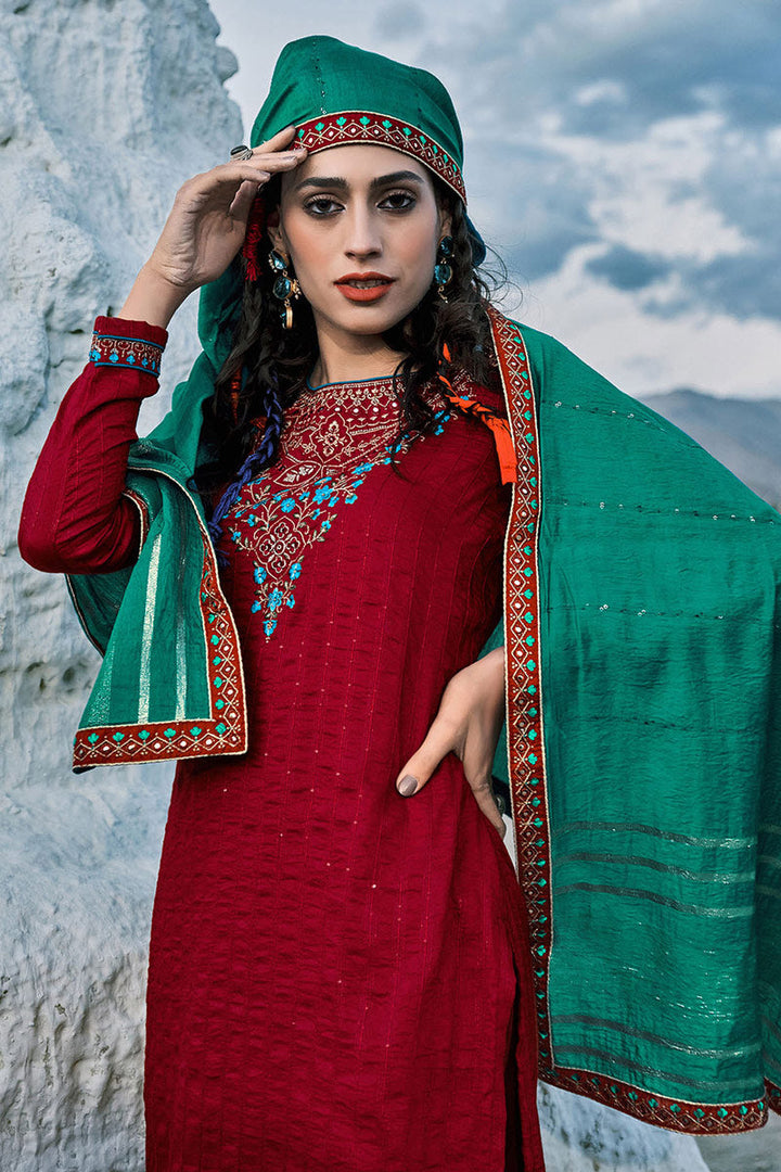 Festival Wear Pleasant Chinon Fabric Embroidered Salwar Suit In Maroon Color