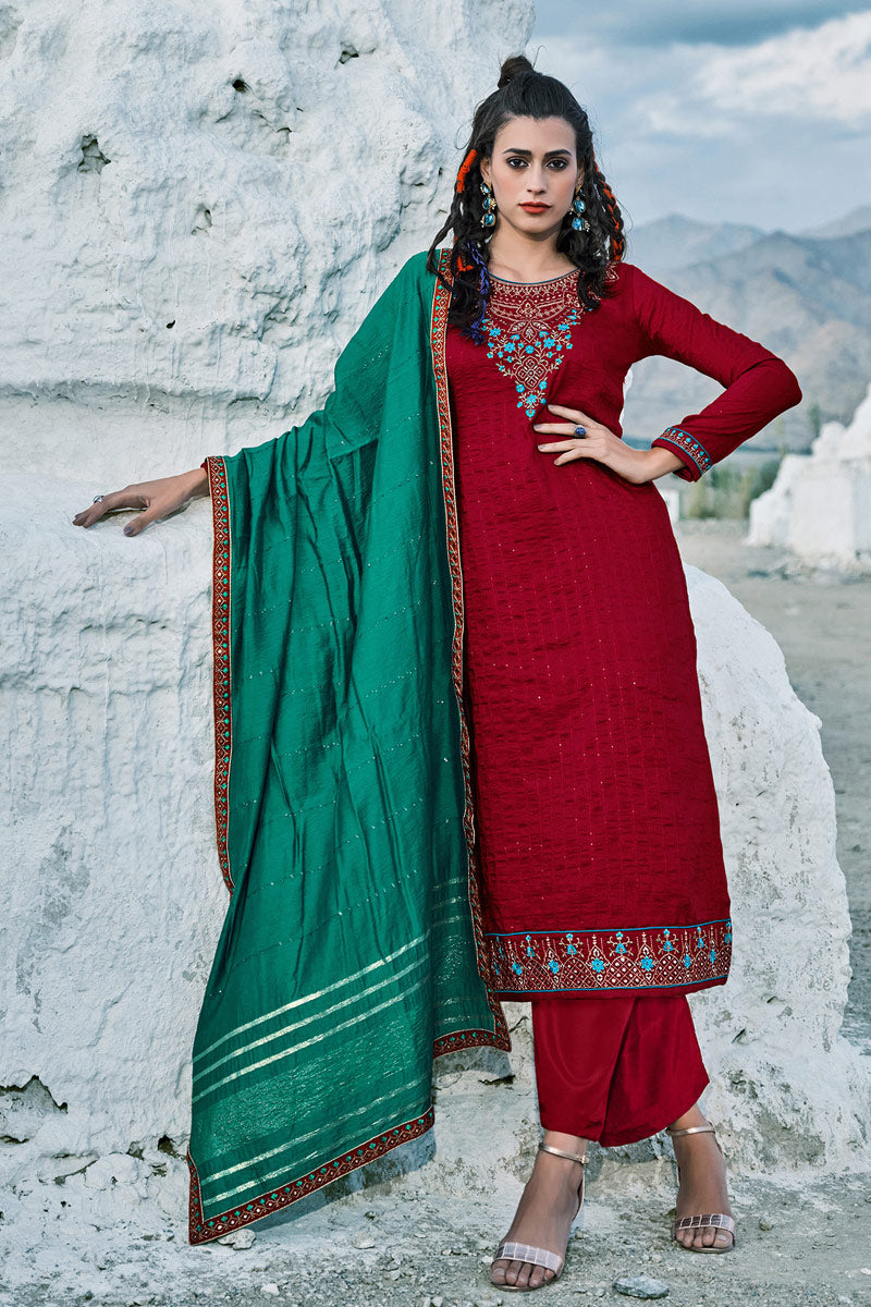 Festival Wear Pleasant Chinon Fabric Embroidered Salwar Suit In Maroon Color