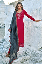 Load image into Gallery viewer, Embroidered Work Festival Wear Rani Color Sober Salwar Suit In Chinon Fabric
