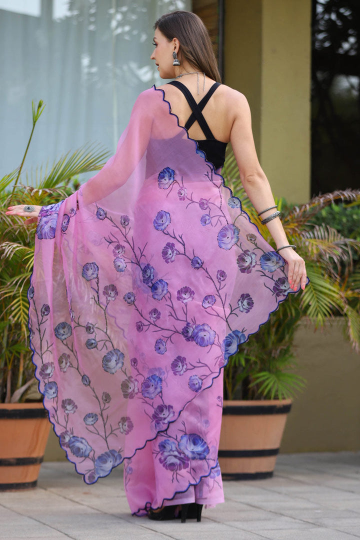 Organza Fabric Party Style Pink Color Beguiling Saree