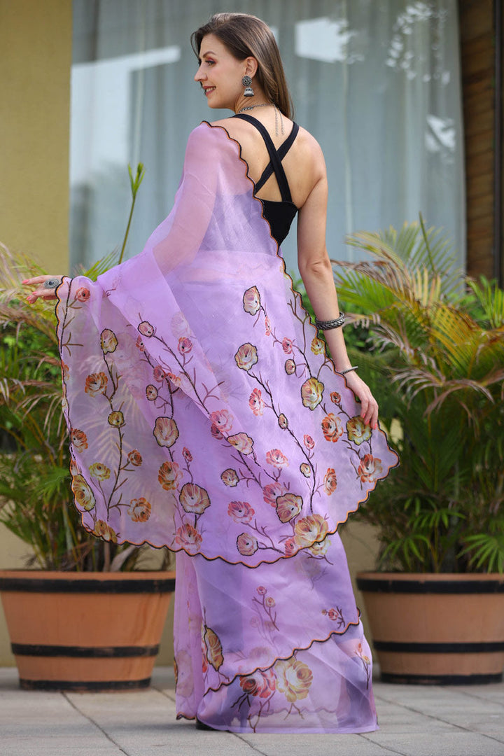 Lavender Color Organza Fabric Party Style Beatific Saree