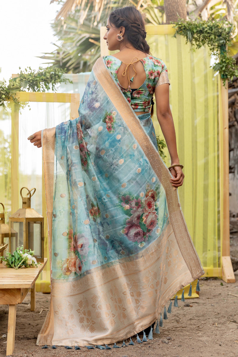 Organza Silk Fabric Cyan Color Party Look Engrossing Saree