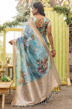 Load image into Gallery viewer, Organza Silk Fabric Cyan Color Party Look Engrossing Saree