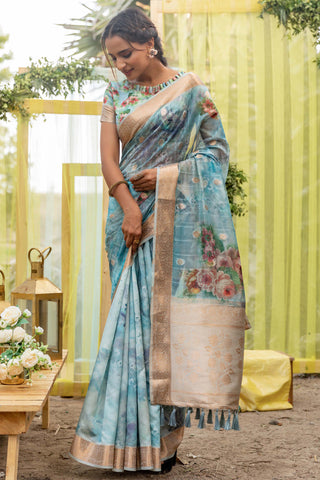 Organza Silk Fabric Cyan Color Party Look Engrossing Saree