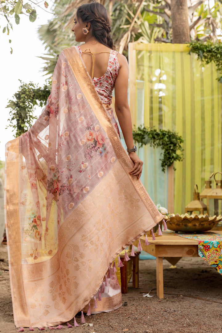 Peach Color Organza Silk Fabric Party Look Intriguing Saree