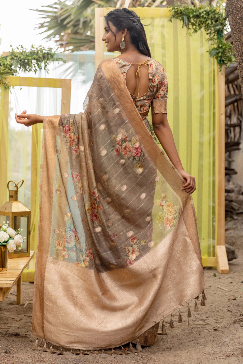 Beauteous Party Look Dark Beige Color Saree In Organza Silk Fabric