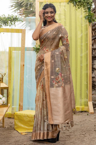 Beauteous Party Look Dark Beige Color Saree In Organza Silk Fabric