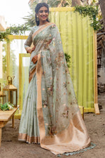 Load image into Gallery viewer, Light Cyan Color Organza Silk Fabric Adorming Party Look Saree