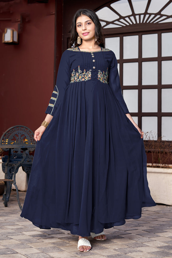 Attractive Georgette Fabric Navy Blue Color Party Style Kurti
