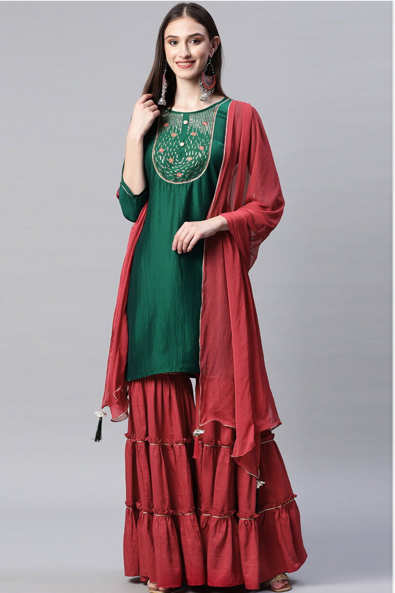 Green Color Chinon Fabric Readymade Fascinating Sharara Suit | Buy Online India