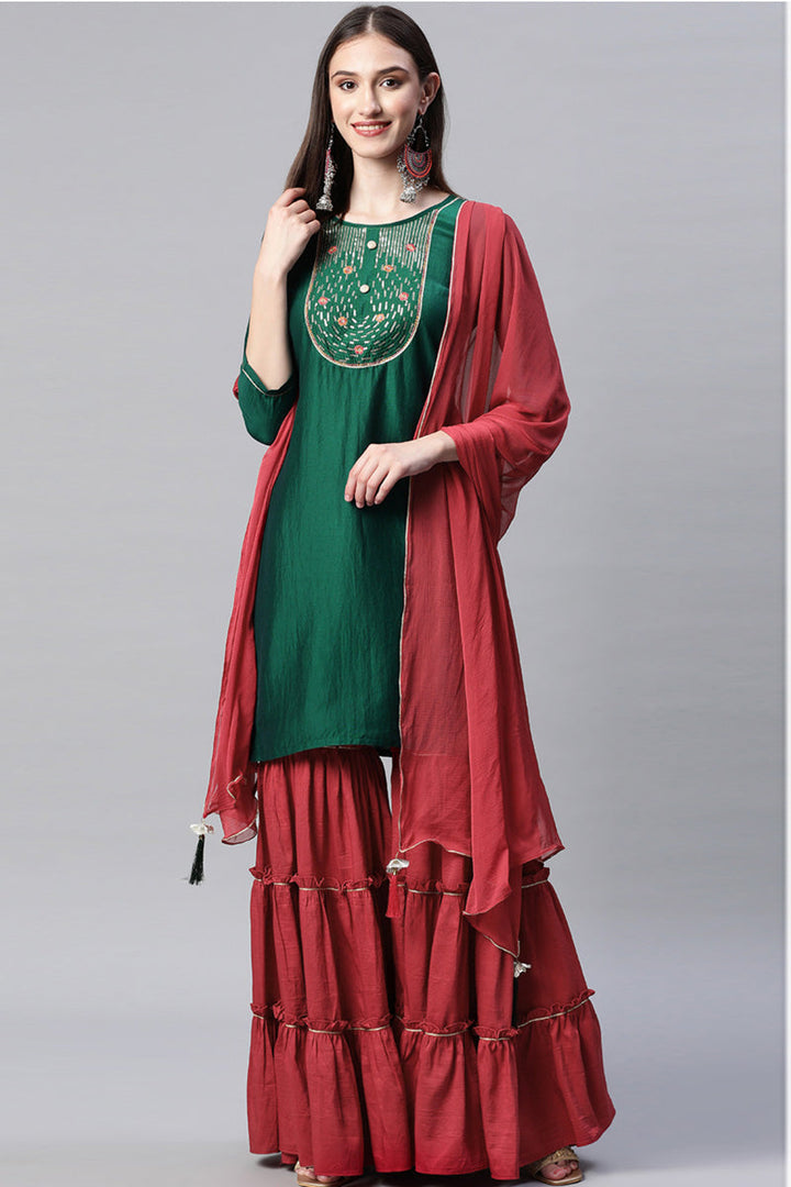 Green Color Chinon Fabric Readymade Fascinating Sharara Suit