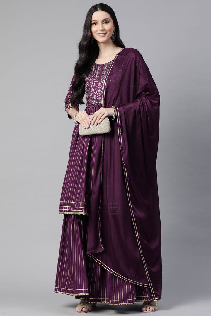 Elegant Readymade Rayon Fabric Sharara Suit In Wine Color