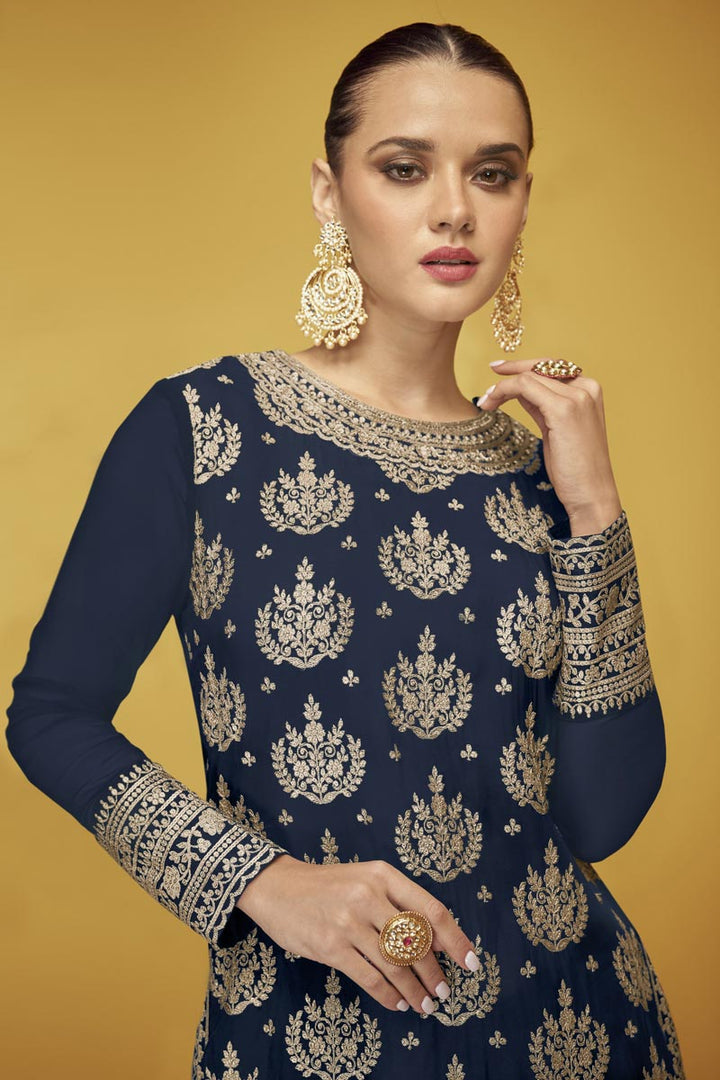 Intricate Navy Blue Color Function Wear Georgette Fabric Sharara Suit