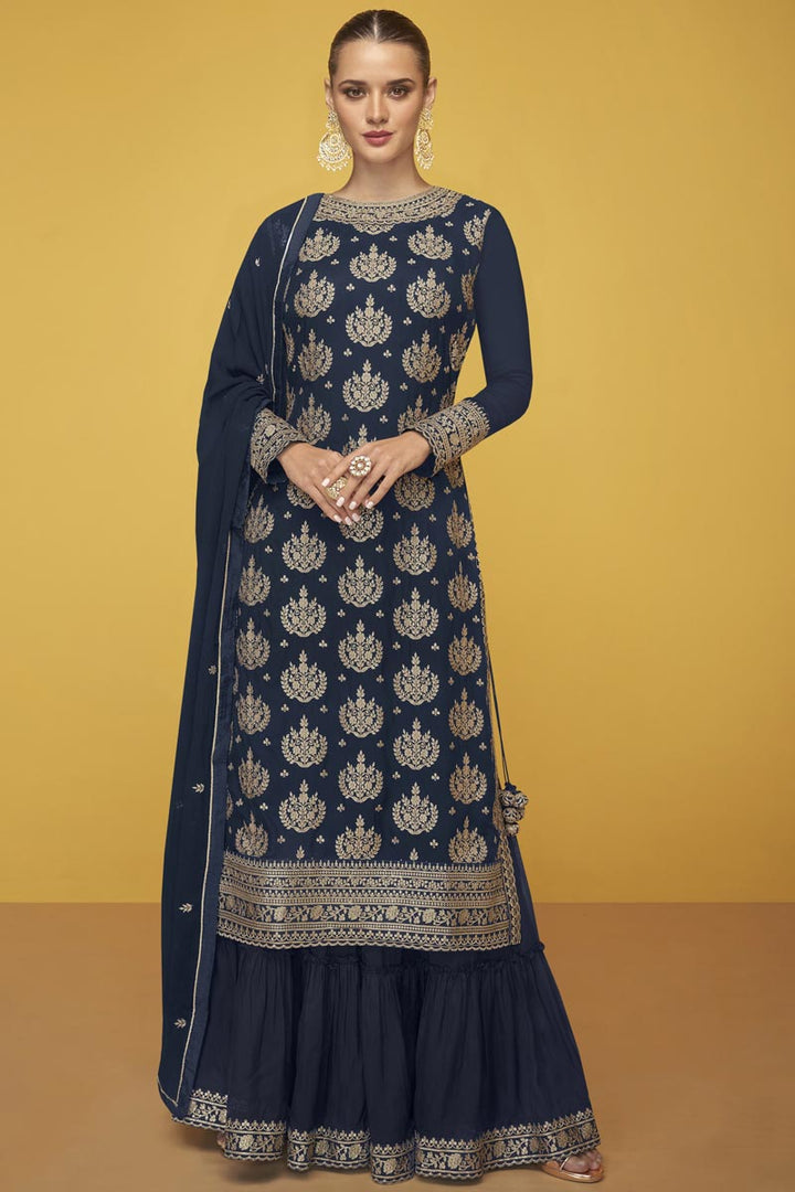 Intricate Navy Blue Color Function Wear Georgette Fabric Sharara Suit