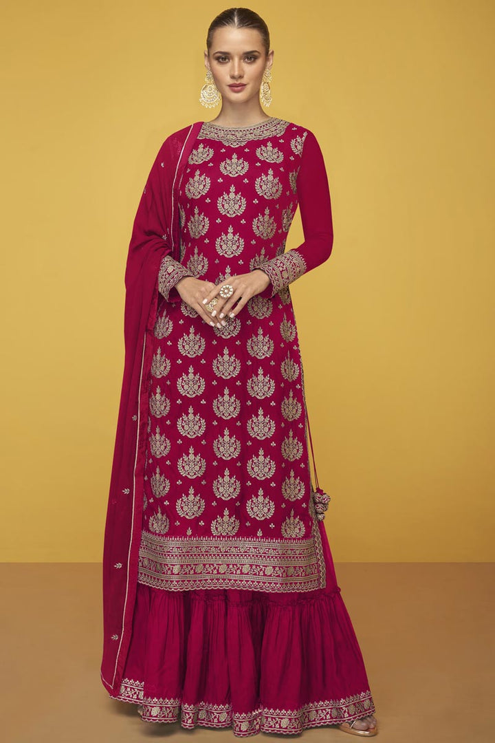 Precious Function Wear Rani Color Georgette Fabric Sharara Suit