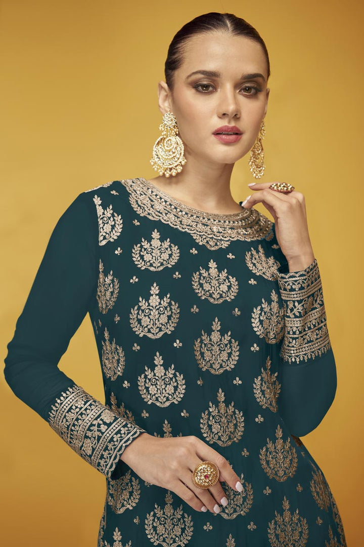 Georgette Fabric Enthralling Teal Color Function Wear Sharara Suit