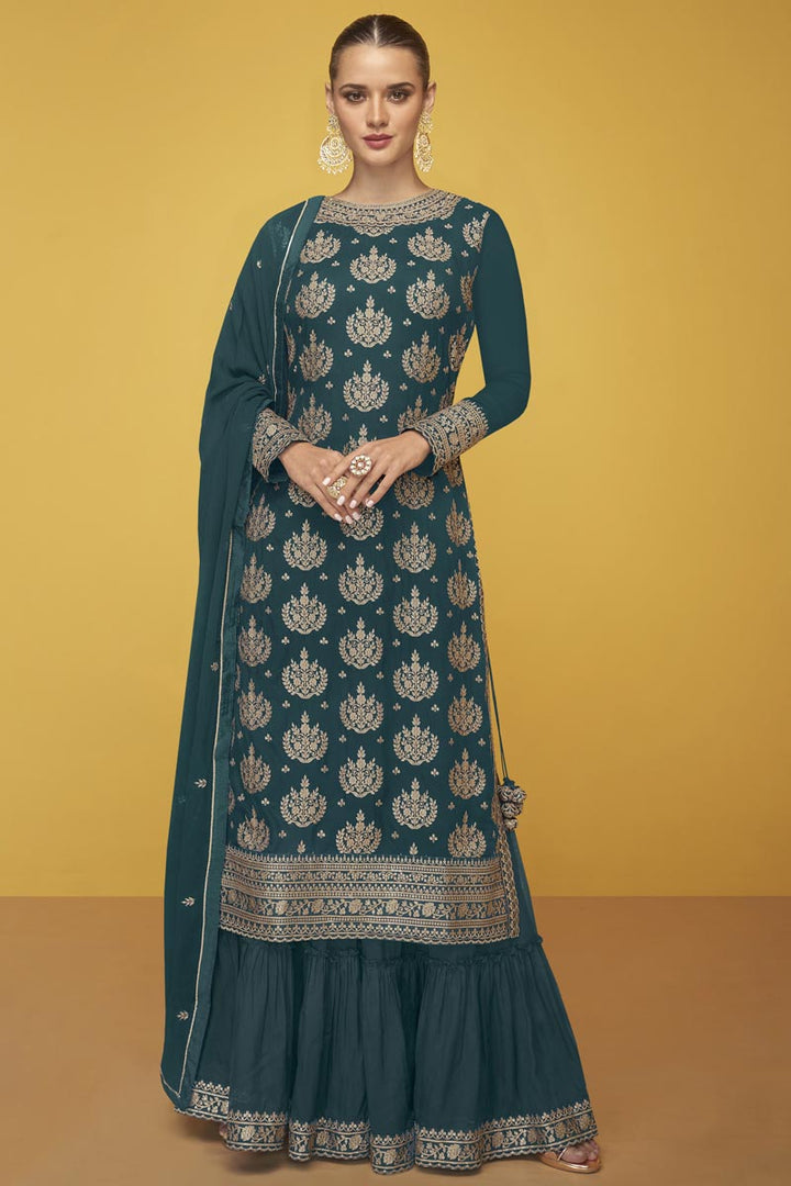 Georgette Fabric Enthralling Teal Color Function Wear Sharara Suit