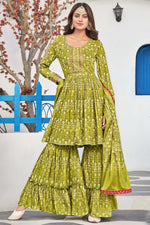 Load image into Gallery viewer, Green Color Fancy Fabric Sharara Suit With Tempting Printed Work
