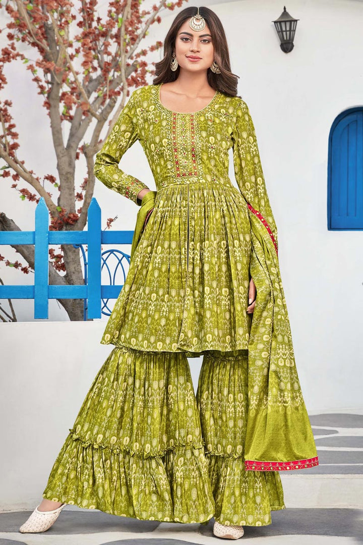 Green Color Fancy Fabric Sharara Suit With Tempting Printed Work