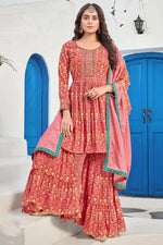 Load image into Gallery viewer, Pink Color Fancy Fabric Sharara Suit With Miraculous Printed Work
