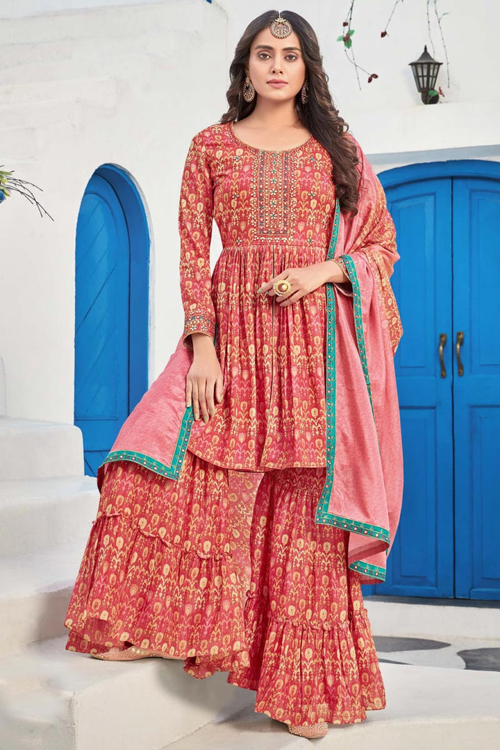 Pink Color Fancy Fabric Sharara Suit With Miraculous Printed Work