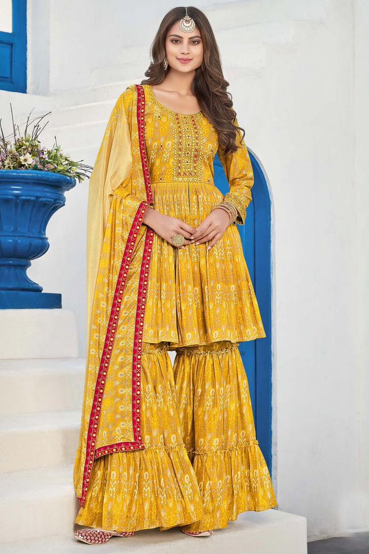Mustard Color Sharara Suit With Dazzling Printed Work In Fancy Fabric
