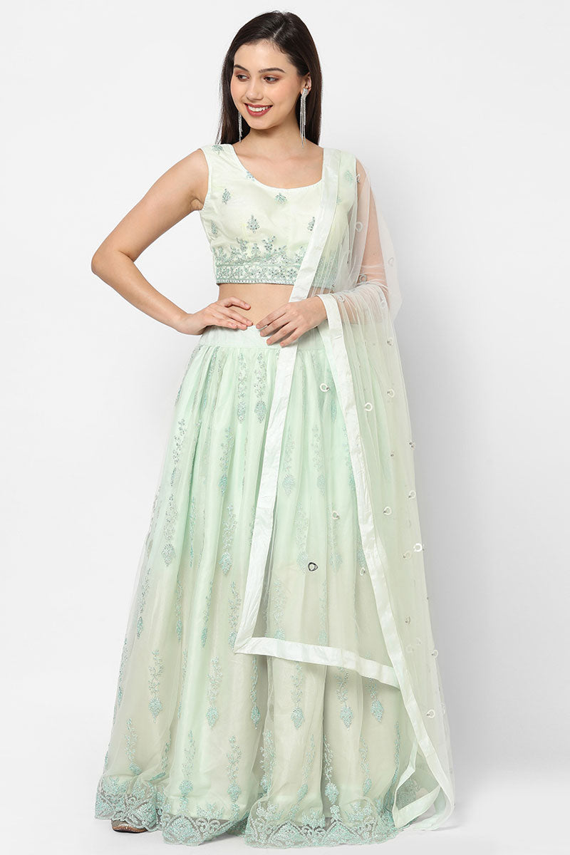 Net Fabric Sequins Work Wonderful Lehenga In Sea Green Color