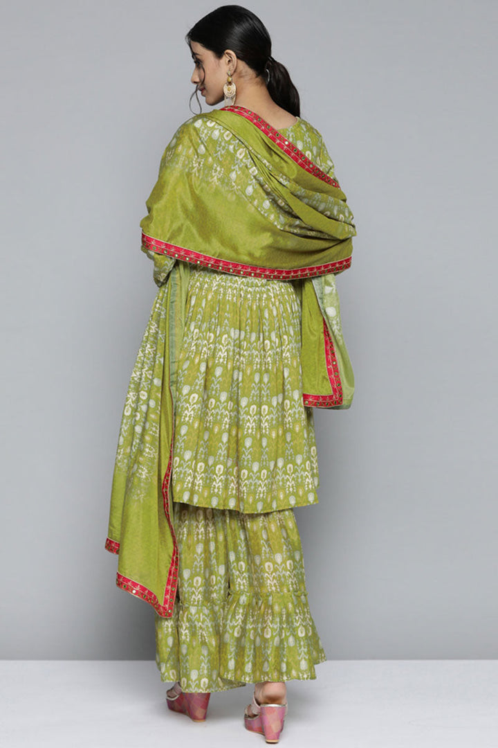 Green Color Digital Printed Aristocratic Fancy Fabric Sharara Suit